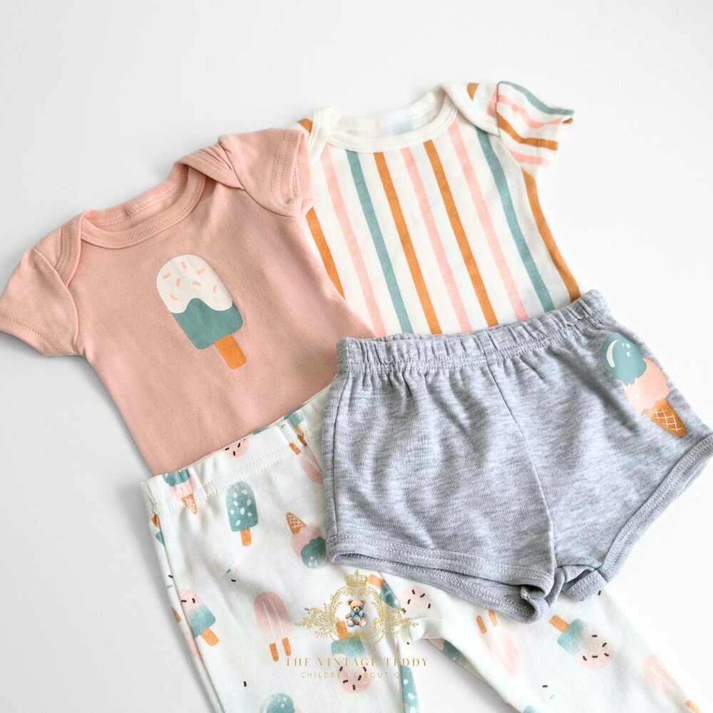 NWT Cute Girls 4 Piece Set Baby Onesies Shorts & Pants Ice Cream & Stripes 6M - Picture 4 of 4